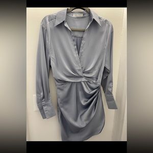 12th Tribe Dusty Blue Satin Long Sleeve Dress